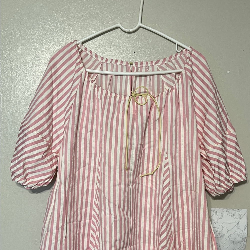 Pink and White Striped Tie-Neck Blouse